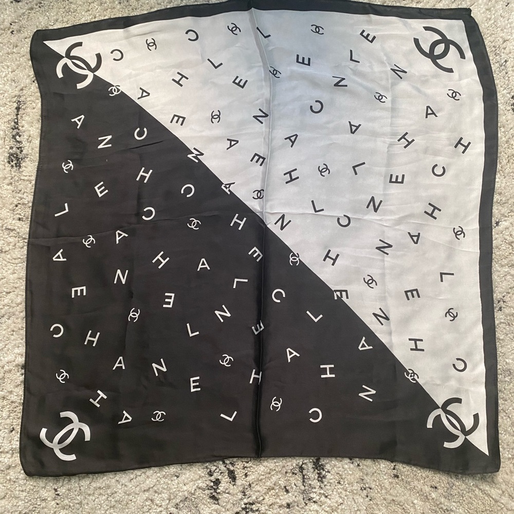 CHANEL Black and White Logo Scarf